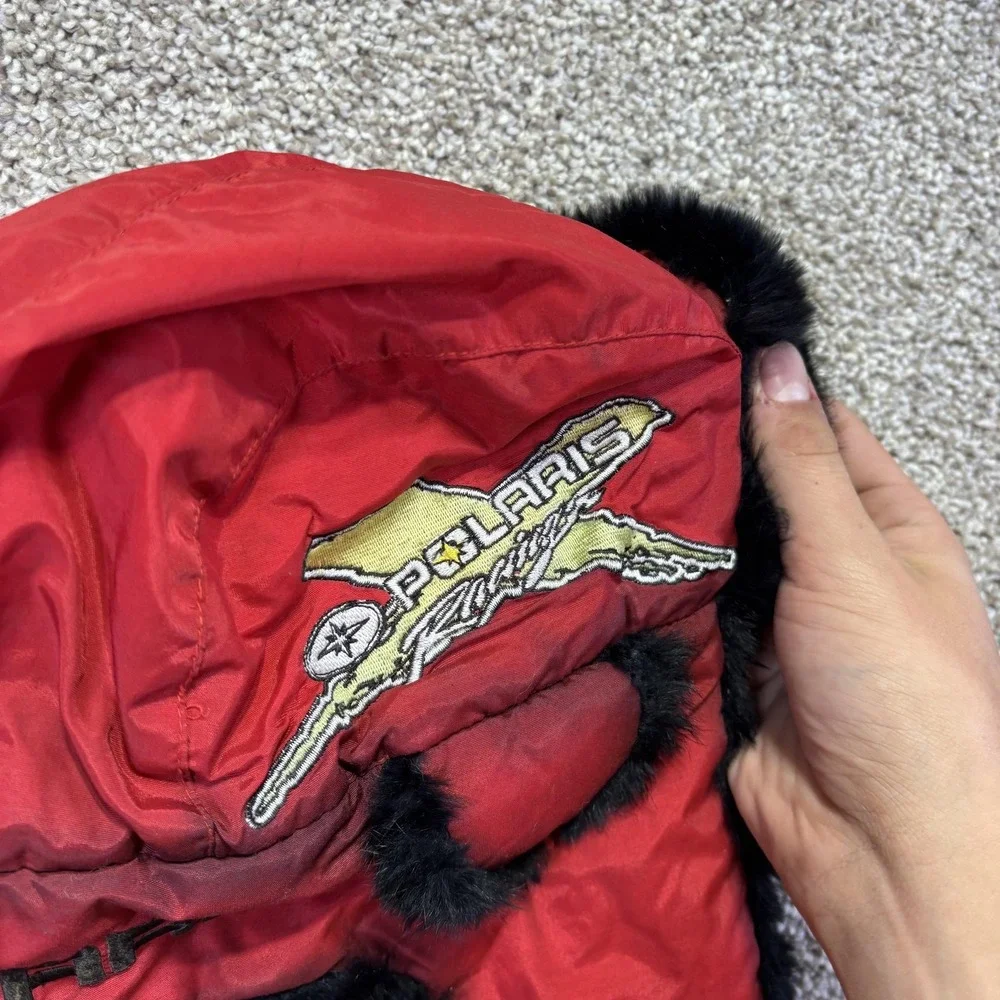 Polaris Trapper Hat‎ Mens XL Red Rabbit Fur Lined Nylon Snowmobile Ski Winter